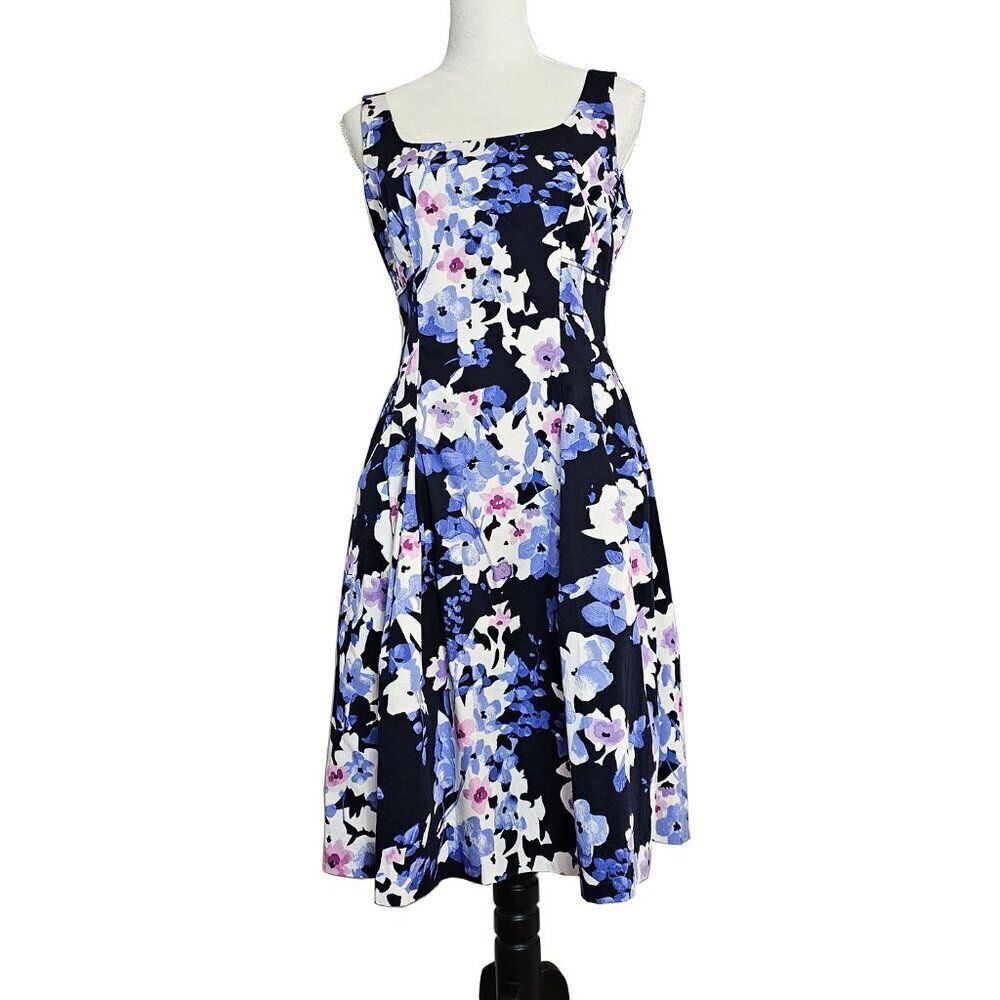 Lauren Ralph Lauren Size 10 Navy Floral Watercolor Fit and Flare Dress